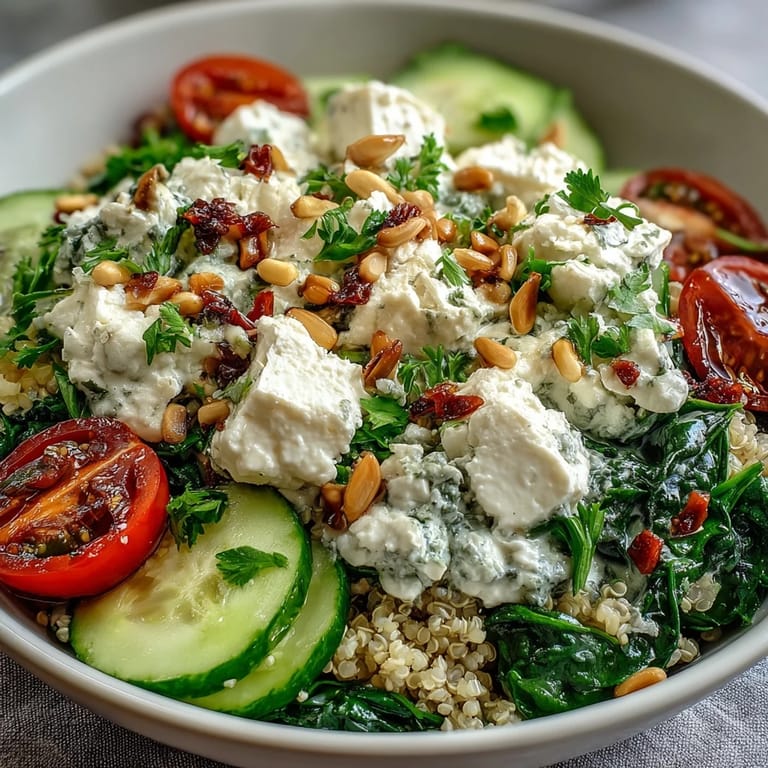 Drizzled with lemon dressing and toasted pine nuts, this fresh Spinach and Feta Grain Bowl is ready for a healthy lunch.