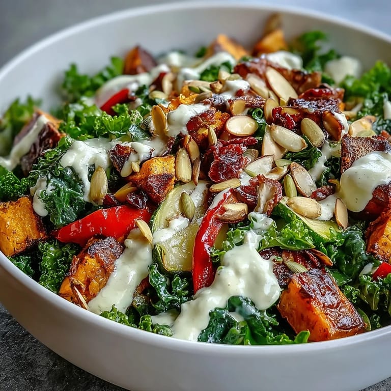 Vibrant green massaged kale and crunchy pumpkin seeds highlight this nutrient-packed Kale Salad Bowl, finished with lemony tahini drizzle.
