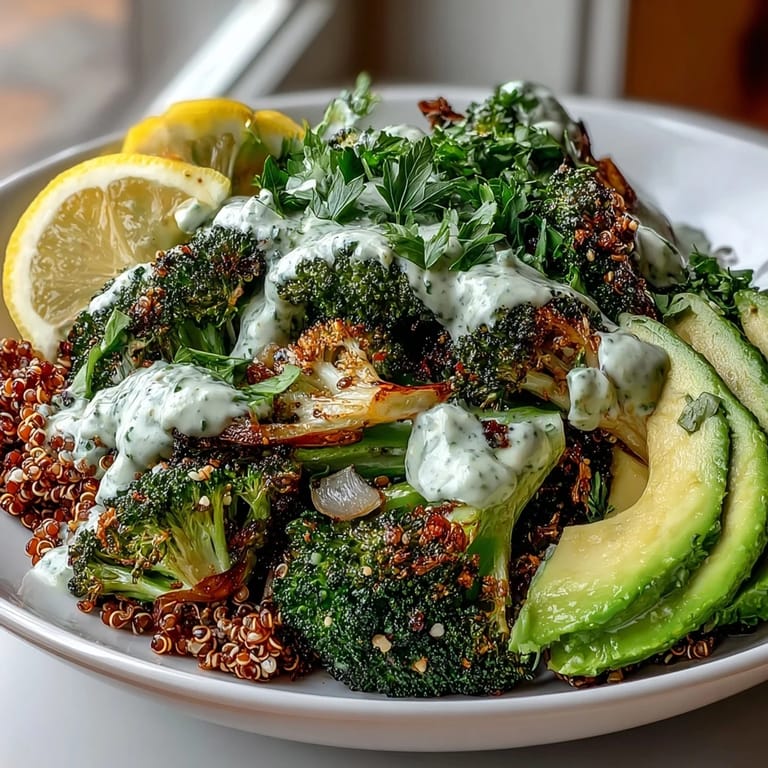 A wholesome Roasted Broccoli Bowl featuring golden, charred florets over grains, garnished with fresh parsley, sesame seeds, and avocado slices.