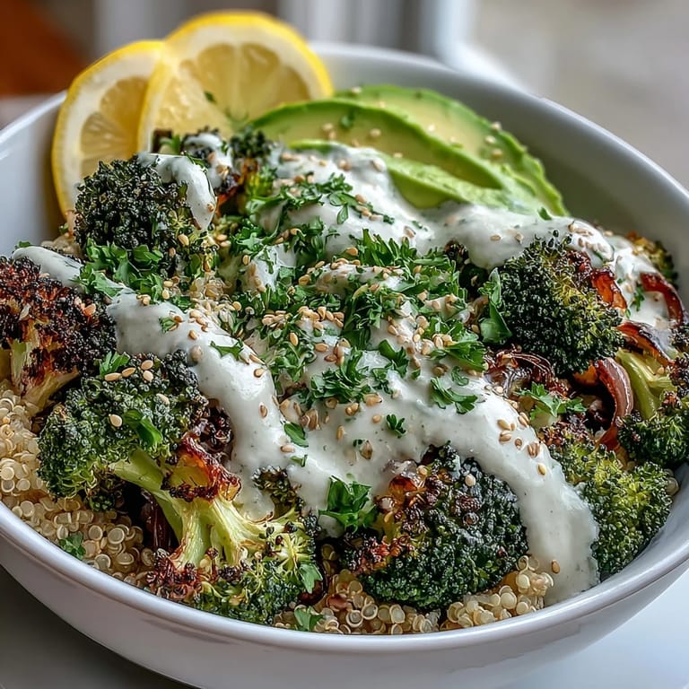 Vibrant Mediterranean-inspired Roasted Broccoli Bowl with lemon wedges and tahini drizzle, ready for a healthy vegetarian lunch or dinner.