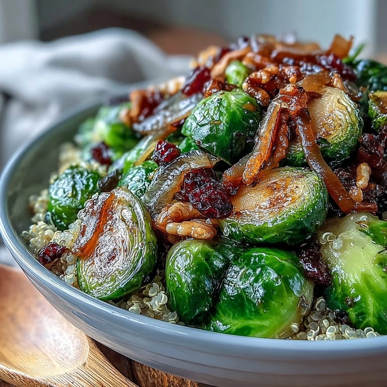 Golden roasted Brussels sprouts and red onions in a wholesome bowl, finished with a drizzle of tangy balsamic dressing for a nutritious meal.