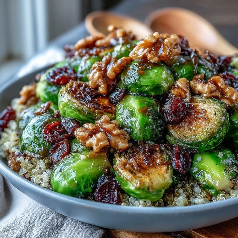 Hearty Roasted Brussels Sprouts Bowl featuring warm quinoa, crunchy pepitas, and walnuts, tossed in a maple-Dijon vinaigrette for a satisfying dinner.
