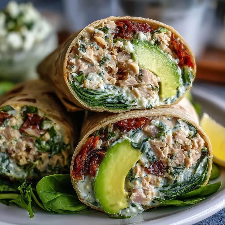 Creamy avocado and flaky tuna filling wrapped in whole wheat tortillas, served with vibrant spinach for a healthy, protein-packed meal.