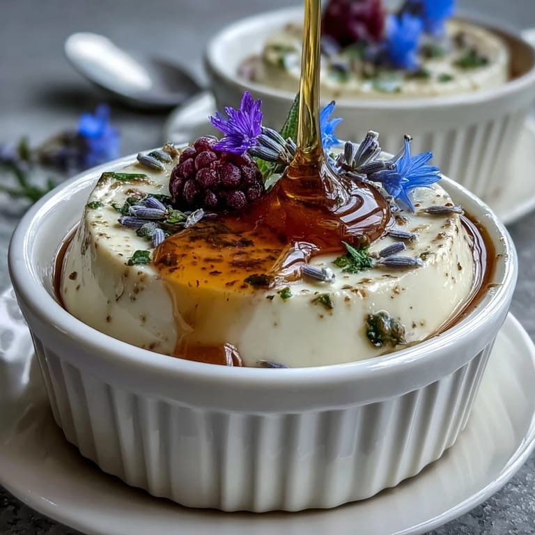 Delicate lavender-honey panna cotta dessert with floral notes, served in elegant ramekins.