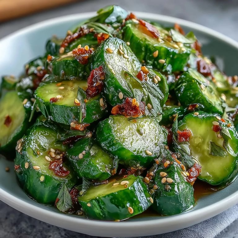 Smashed Cucumber Salad with Garlic Chili Oil - Refreshing smashed cucumbers drizzled with aromatic garlic chili oil, garnished with scallions and cilantro for bold flavor.