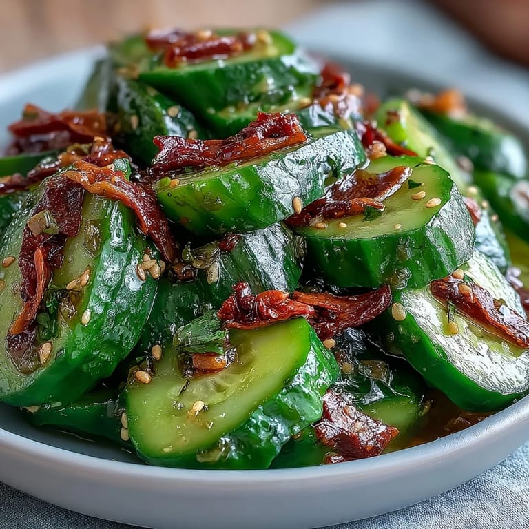 Smashed Cucumber Salad with Garlic Chili Oil - Crunchy smashed cucumber salad coated in savory dressing, finished with fragrant garlic chili oil for a spicy kick.
