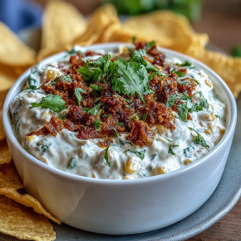 Spicy Mexican elote dip featuring smoky paprika, jalapeño, and fresh cilantro, paired with golden tortilla chips for a zesty snack.