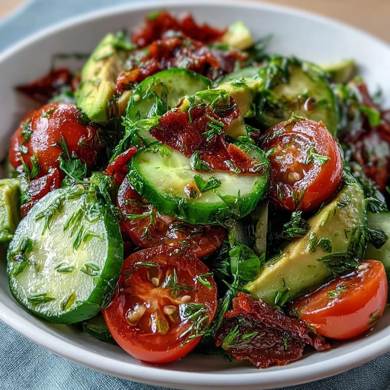 Bright, colorful cucumber tomato avocado salad with lemon dressing, perfect for a healthy lunch or light summer side dish.