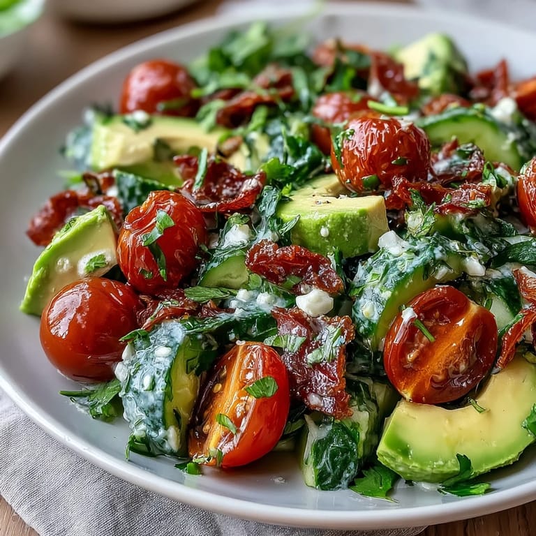 Creamy avocado and juicy tomatoes tossed with cucumber in tangy lemon dressing, a refreshing and easy vegetarian salad.