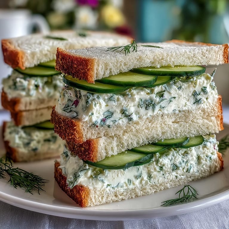 Delicate finger sandwiches filled with cucumber and tangy lemon butter, arranged on a white platter for an elegant Mothers Day tea.
