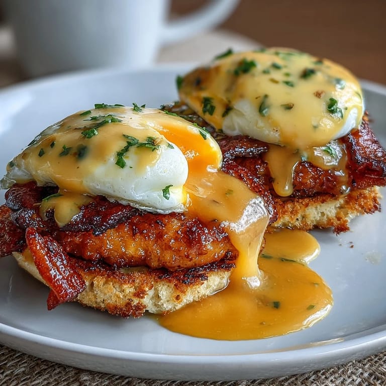 Golden poached eggs and Canadian bacon rest on buttered English muffins, crowned with silky homemade hollandaise sauce—a timeless breakfast classic.