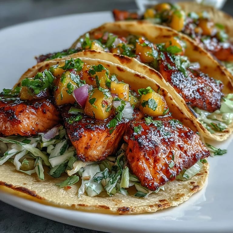 Juicy grilled salmon tacos topped with vibrant mango salsa, perfect for a fresh and flavorful dinner.