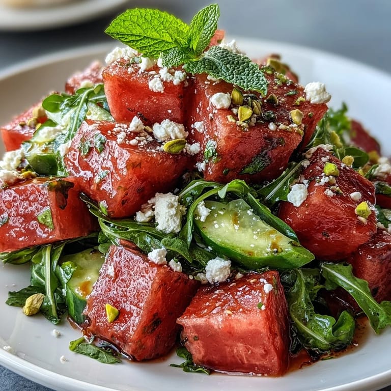 Colorful Watermelon and Arugula Salad featuring ripe watermelon, arugula, feta, and pistachios, served with tangy lime vinaigrette.