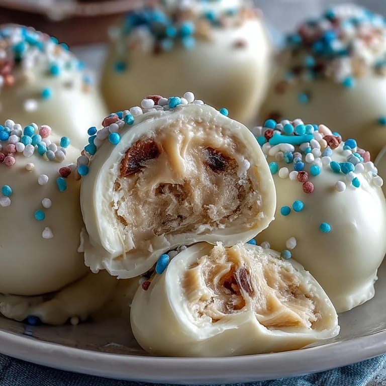 Creamy peanut butter eggs coated in smooth white chocolate and topped with vibrant sprinkles, ready to delight at Easter gatherings.
