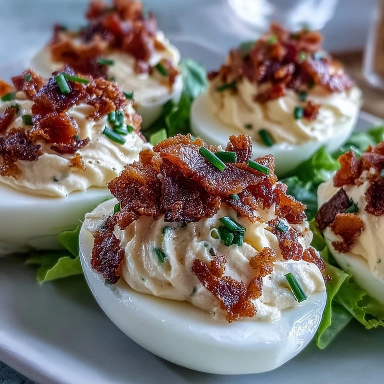 Creamy deviled eggs filled with tangy yolk mixture and topped with crunchy bacon crumbles, fresh lettuce, and juicy tomato for a BLT-inspired bite.