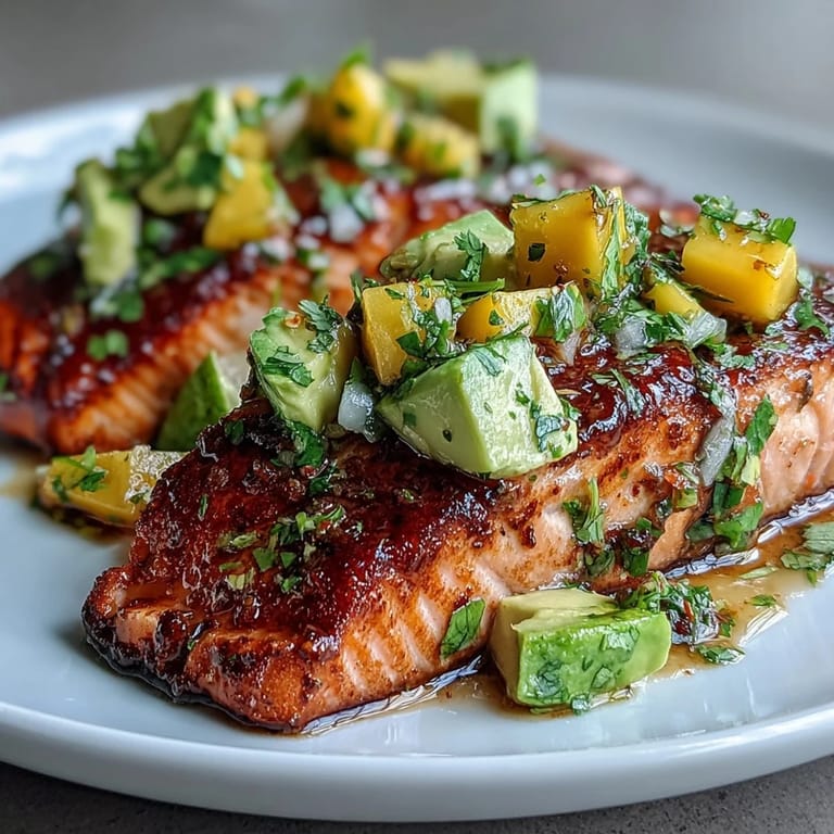 Tender oven-baked salmon fillets topped with colorful mango avocado salsa, perfect for a light and nutritious dinner.  