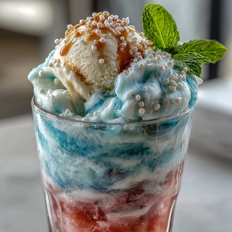 Refreshing cotton candy lemonade float in a sprinkle-rimmed glass, complete with a scoop of vanilla ice cream and mint leaf.