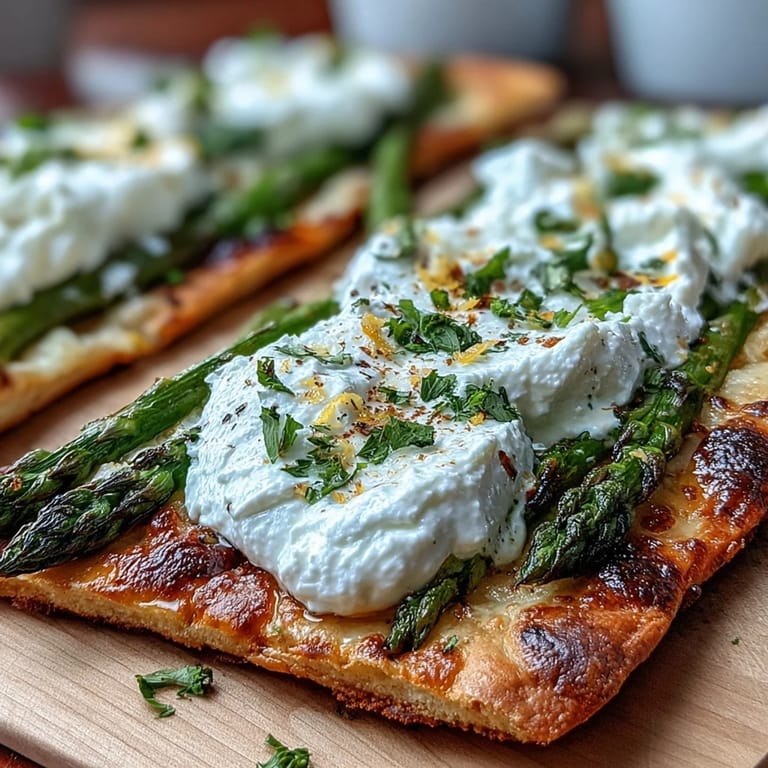 Italian-inspired flatbread, featuring charred asparagus, melted burrata, and fresh basil.