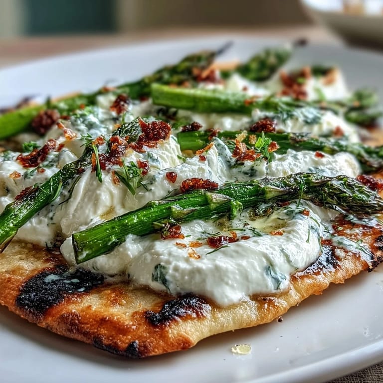 Vibrant flatbread, boasting tender roasted asparagus, cool burrata, and a lemon finish.