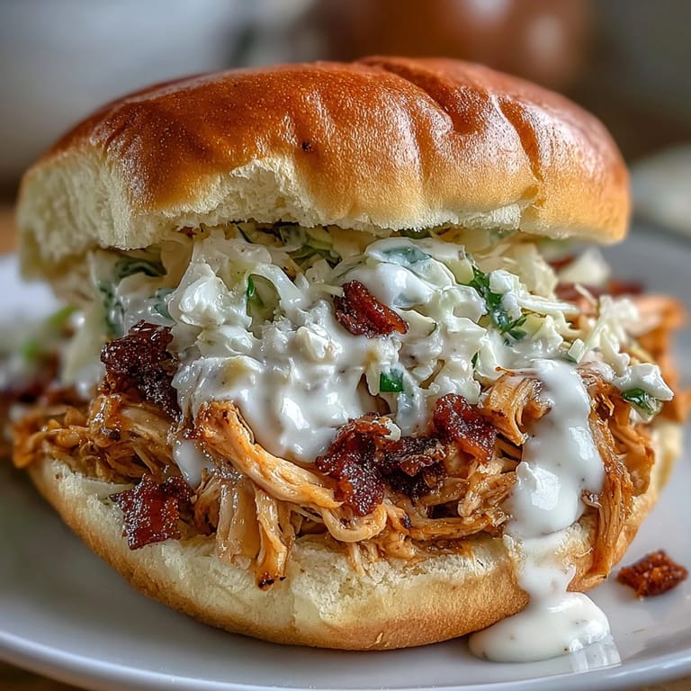 Visualize tender smoked pulled chicken, a zesty white sauce drizzle topping everything.