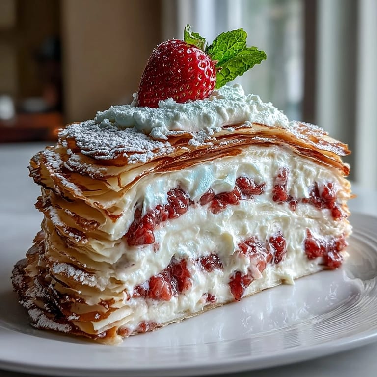 Festive Mother's Day Crêpe Cake adorned with fresh berries and powdered sugar.