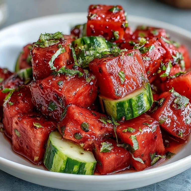 Vibrant, zesty watermelon cucumber salad with Tajin and lime, perfect served chilled.