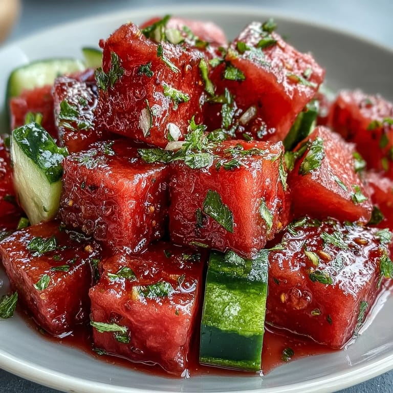 Refreshing sweet watermelon and crisp cucumber salad, brightened by lime and Tajin spice.