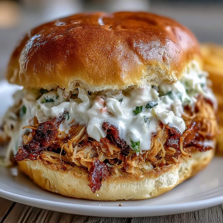 Tender, sauced pulled chicken piled generously on toasted buns, ready to eat.