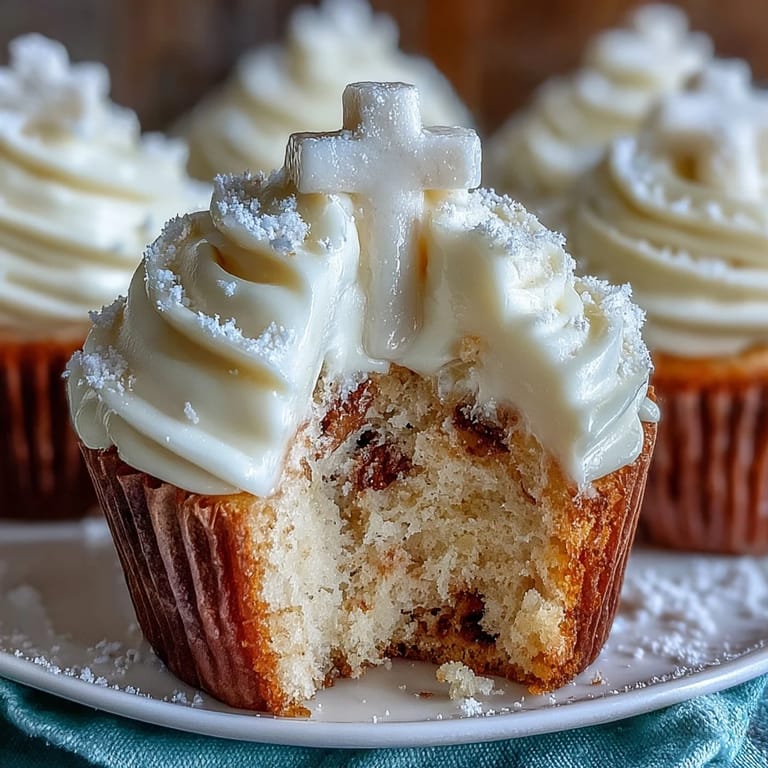 Soft vanilla communion cupcakes, adorned with creamy frosting and a pristine fondant cross.