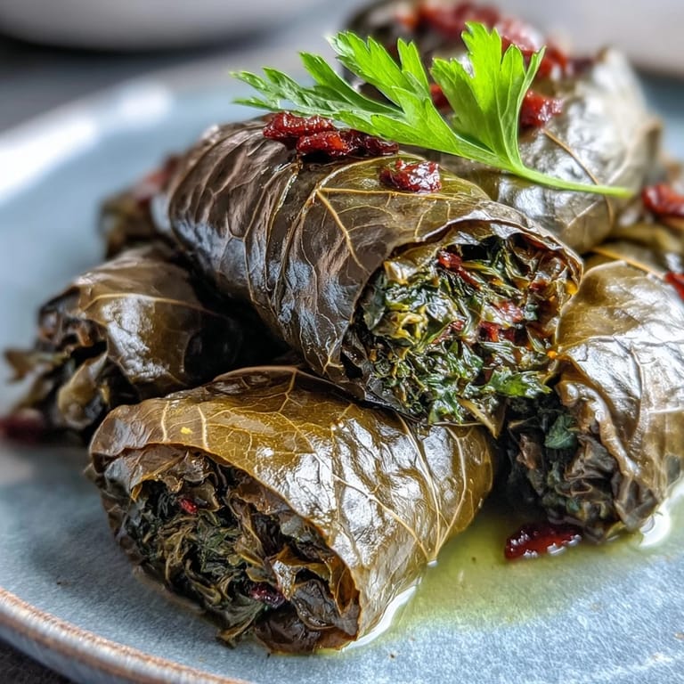 A close-up of vibrant Kurdish Dolma, showcasing the fresh herbs and plump rice filling.