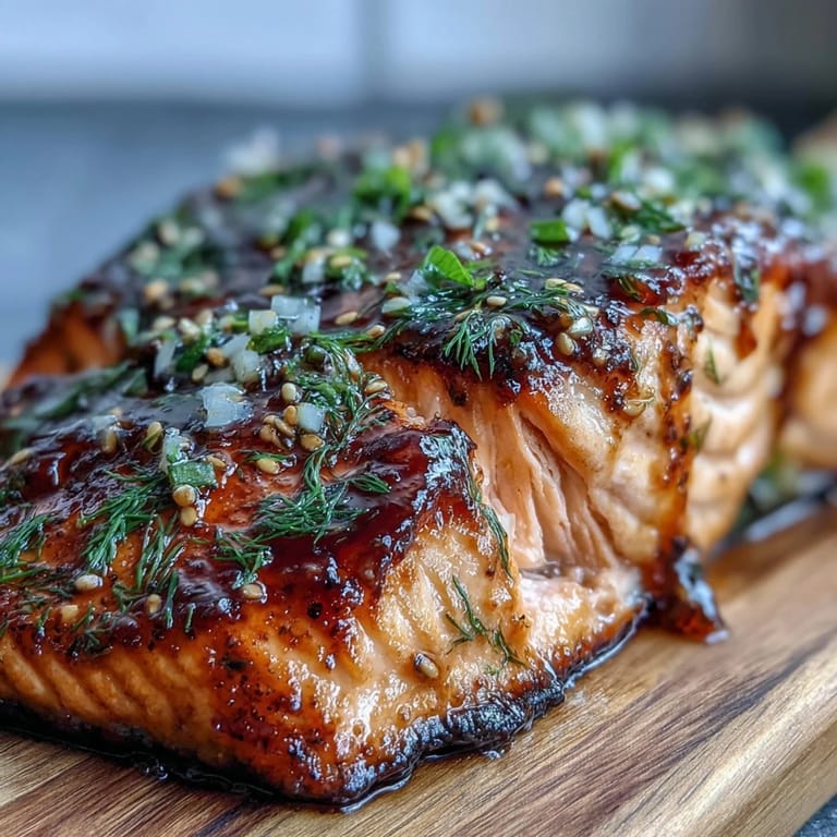 Beautiful flaky Cedar Plank Salmon entrée, brushed with tangy Dijon glaze, garnished.