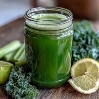 Bright green cabbage and kale detox juice in a clear glass, garnished with a lemon wedge and ice cubes.  