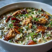 Creamy Parmesan Mushroom Chicken and Wild Rice Soup steaming in a rustic bowl with fresh parsley garnish.