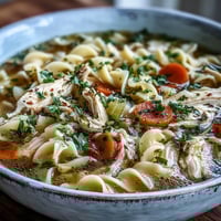 Close-up of steaming Chicken and Noodle Soup in a rustic bowl, with tender shredded chicken, sliced carrots, and celery in golden broth.  