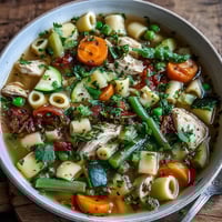 Steaming bowl of Pasta Soup With Chicken and Vegetables, served with crusty bread and a sprinkle of fresh parsley.