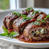 Golden-brown Sicilian-Style Braciole slices resting in a rich, simmering tomato sauce.