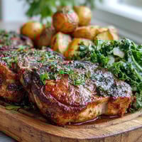 Sizzling Aleppo pork chops roast beside golden potatoes and sautéed kale on a sheet pan. 