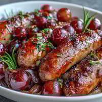 Freshly roasted Italian sausages paired with sweet, blistered red grapes and onions, garnished with rosemary on a baking sheet.