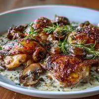 Tender chicken in creamy Coq au Vin Rosé is spooned over buttery potatoes, garnished with fresh parsley.