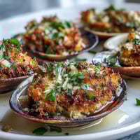 Golden roasted clams with lemony panko sit on a bed of rock salt, garnished with fresh parsley and lemon wedges.
