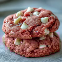 Freshly baked Pink Velvet Cookies with creamy white chocolate chips on a cooling rack.