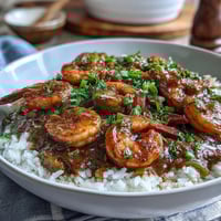 Classic New Orleans Étouffée served over fluffy white rice, garnished with fresh parsley and green onions.