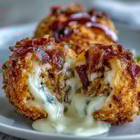 Golden-fried Buffalo Chicken Bacon Mozzarella Bombs resting on a serving plate with ranch dip.