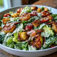 Freshly chopped romaine lettuce topped with crunchy homemade croutons and creamy Caesar dressing in a Romaine Caesar Bowl.
