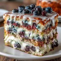 Lemon Blueberry Spring Birthday Cake with fresh blueberries and lemon cream cheese frosting on a rustic wooden table.