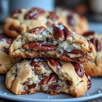 Golden brown butter pecan cookies with toasted nuts and a sprinkle of flaky sea salt on top.