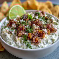 Creamy elote dip with charred corn, cotija cheese, and lime, served with crispy tortilla chips for a tangy Mexican appetizer.