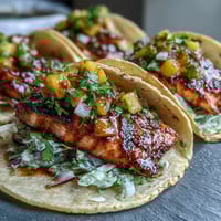 Grilled salmon tacos with mango salsa, featuring flaky fish and zesty fruit salsa in warm tortillas.