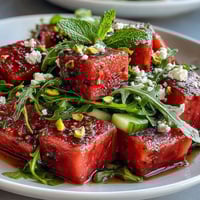 Vibrant Watermelon and Arugula Salad with creamy feta, mint, and lime vinaigrette, perfect for summer gatherings.