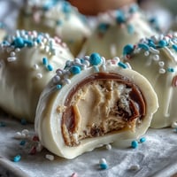 White chocolate peanut butter Easter eggs with colorful sprinkles on a festive dessert tray, perfect for springtime celebrations.